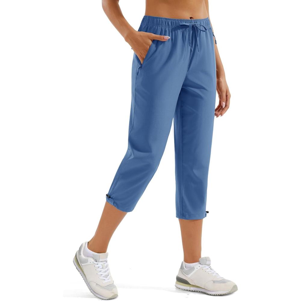 imageMAGCOMSEN Womens Hiking Capris Pants UPF 50 Lightweight Quick Dry Workout Travel Summer Casual Pants Zipper PocketsBlue Grey