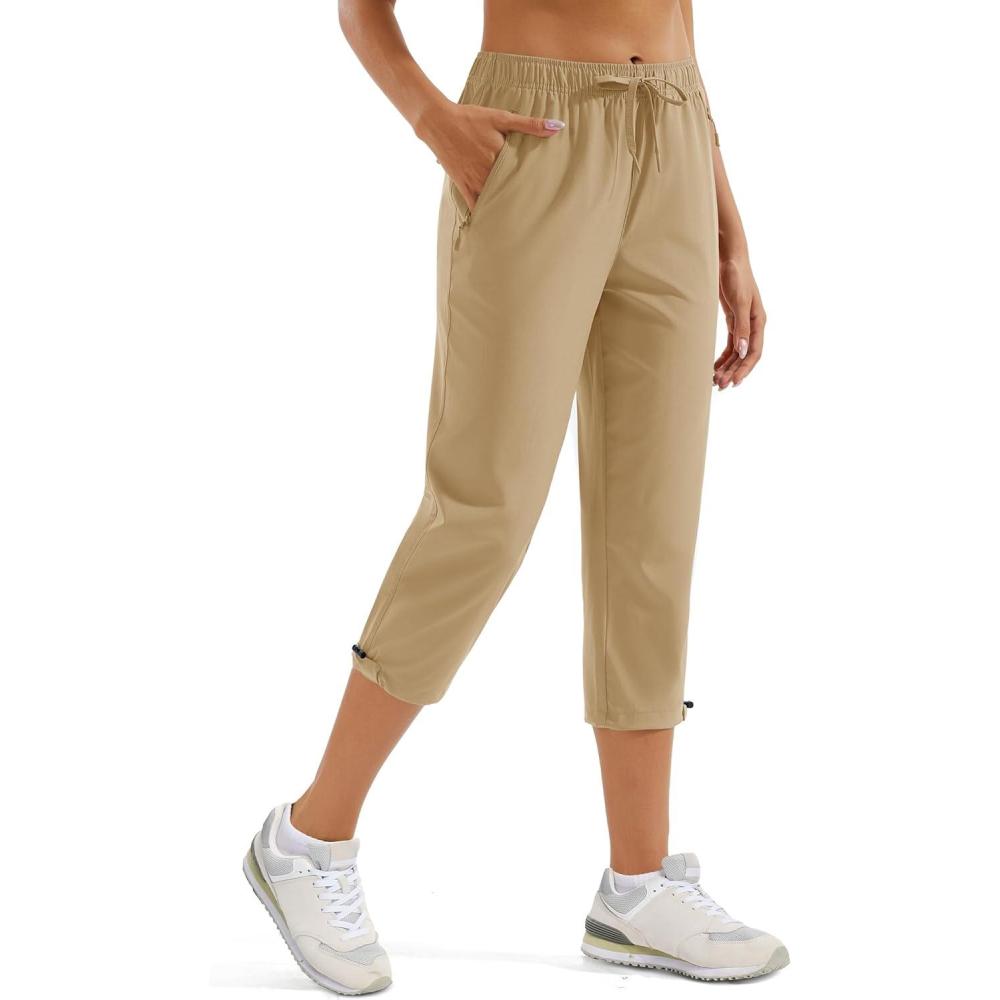 imageMAGCOMSEN Womens Hiking Capris Pants UPF 50 Lightweight Quick Dry Workout Travel Summer Casual Pants Zipper PocketsKhaki