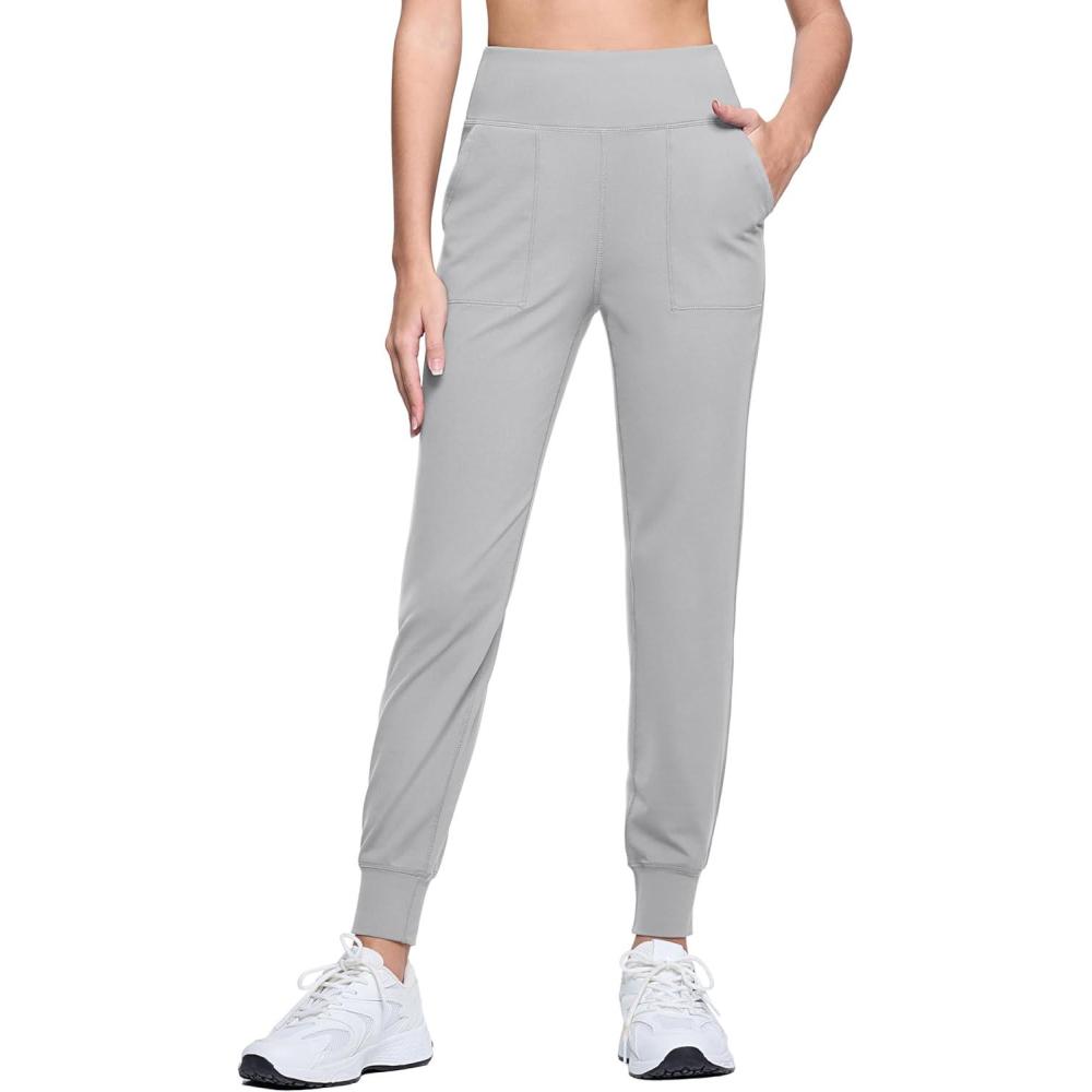imageMAGCOMSEN Womens Joggers High Waisted Yoga Pants with Pockets Loose Leggings for Workout Athletic Lounge RunningLight Grey