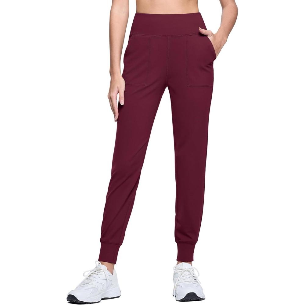 imageMAGCOMSEN Womens Joggers High Waisted Yoga Pants with Pockets Loose Leggings for Workout Athletic Lounge RunningWine Red