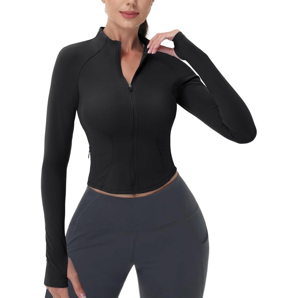 imageMAGCOMSEN Womens Lightweight Athletic Jacket Cropped Zip Up Workout Jackets Long Sleeve Yoga Tops Slim Fit Running GymBlack