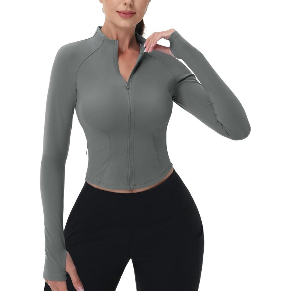 imageMAGCOMSEN Womens Lightweight Athletic Jacket Cropped Zip Up Workout Jackets Long Sleeve Yoga Tops Slim Fit Running GymGrey