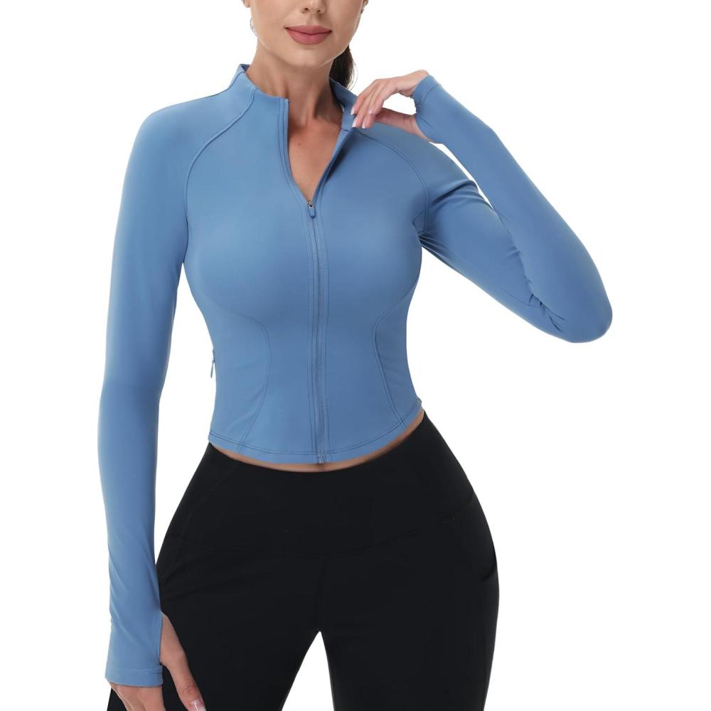 imageMAGCOMSEN Womens Lightweight Athletic Jacket Cropped Zip Up Workout Jackets Long Sleeve Yoga Tops Slim Fit Running GymHaze Blue