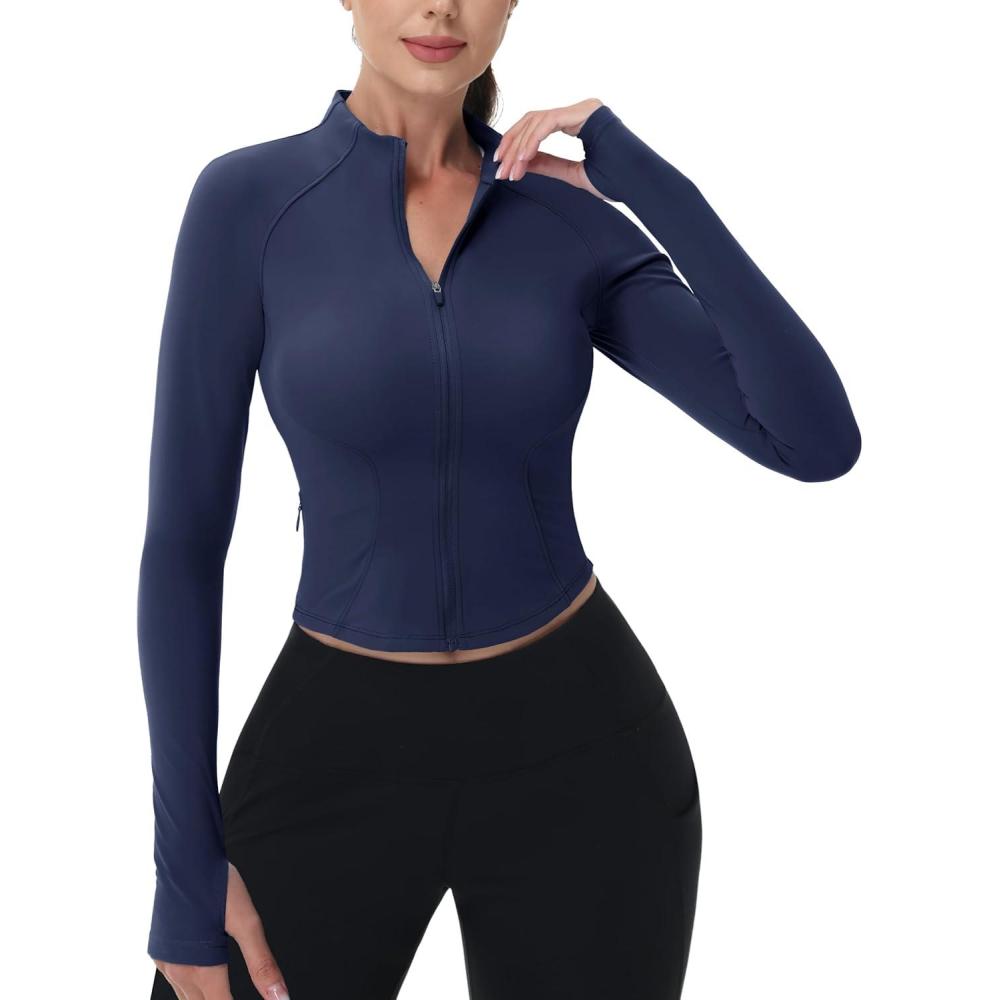 imageMAGCOMSEN Womens Lightweight Athletic Jacket Cropped Zip Up Workout Jackets Long Sleeve Yoga Tops Slim Fit Running GymNavy
