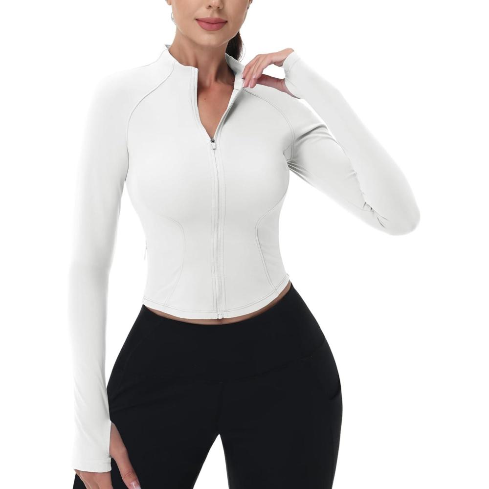 imageMAGCOMSEN Womens Lightweight Athletic Jacket Cropped Zip Up Workout Jackets Long Sleeve Yoga Tops Slim Fit Running GymWhite