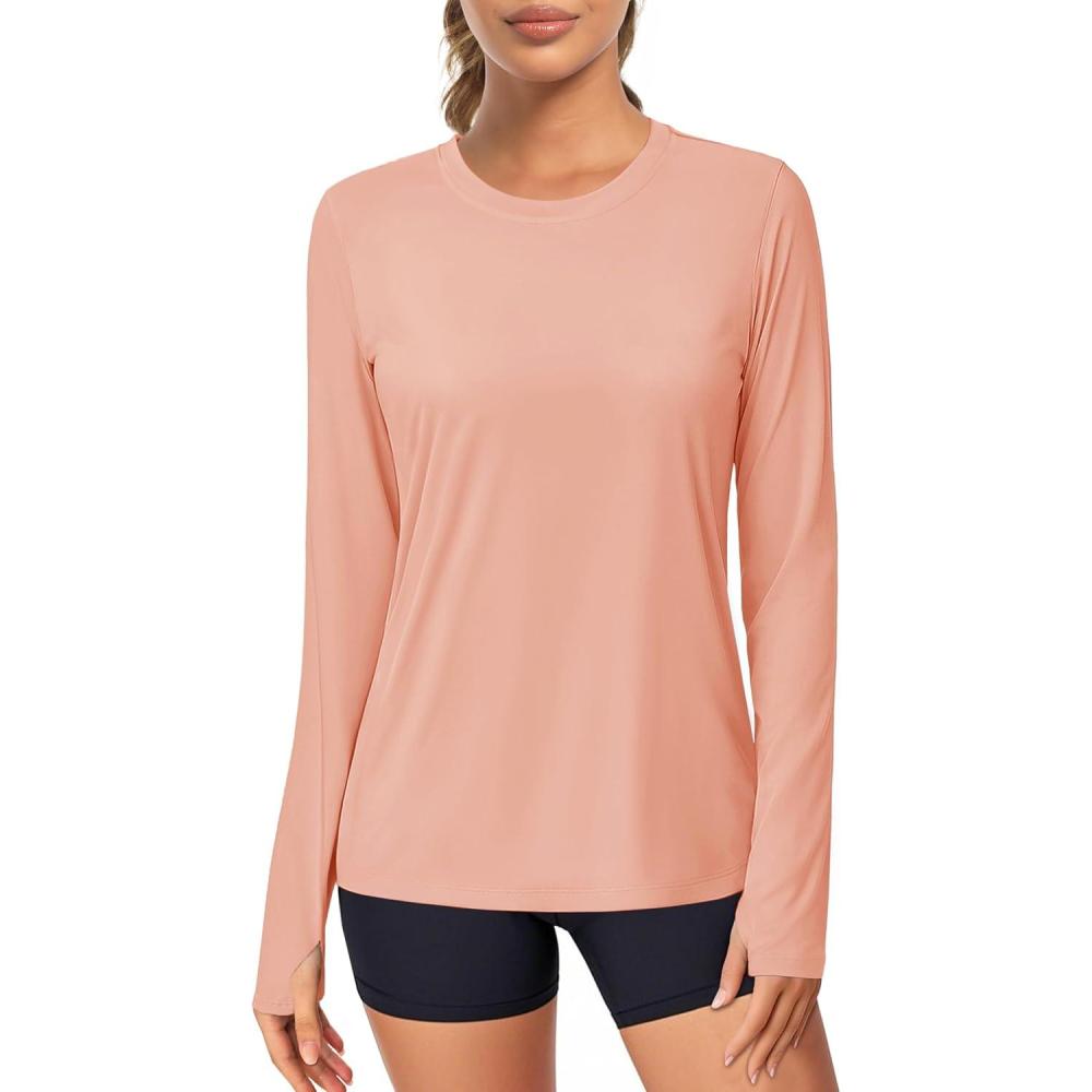 imageMAGCOMSEN Womens Long Sleeve Shirts UPF 80 Quick Dry Athletic Workout Tee Shirts with Thumb Holes Rash Guard Swim TopsApricot