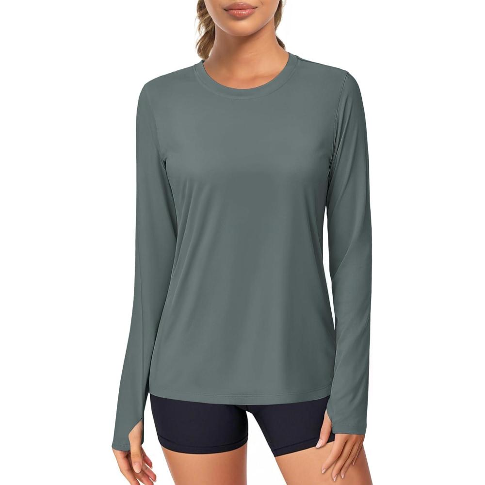 imageMAGCOMSEN Womens Long Sleeve Shirts UPF 80 Quick Dry Athletic Workout Tee Shirts with Thumb Holes Rash Guard Swim TopsDark Grey