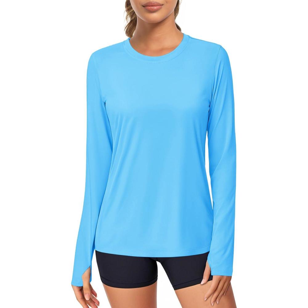 imageMAGCOMSEN Womens Long Sleeve Shirts UPF 80 Quick Dry Athletic Workout Tee Shirts with Thumb Holes Rash Guard Swim TopsIce Blue
