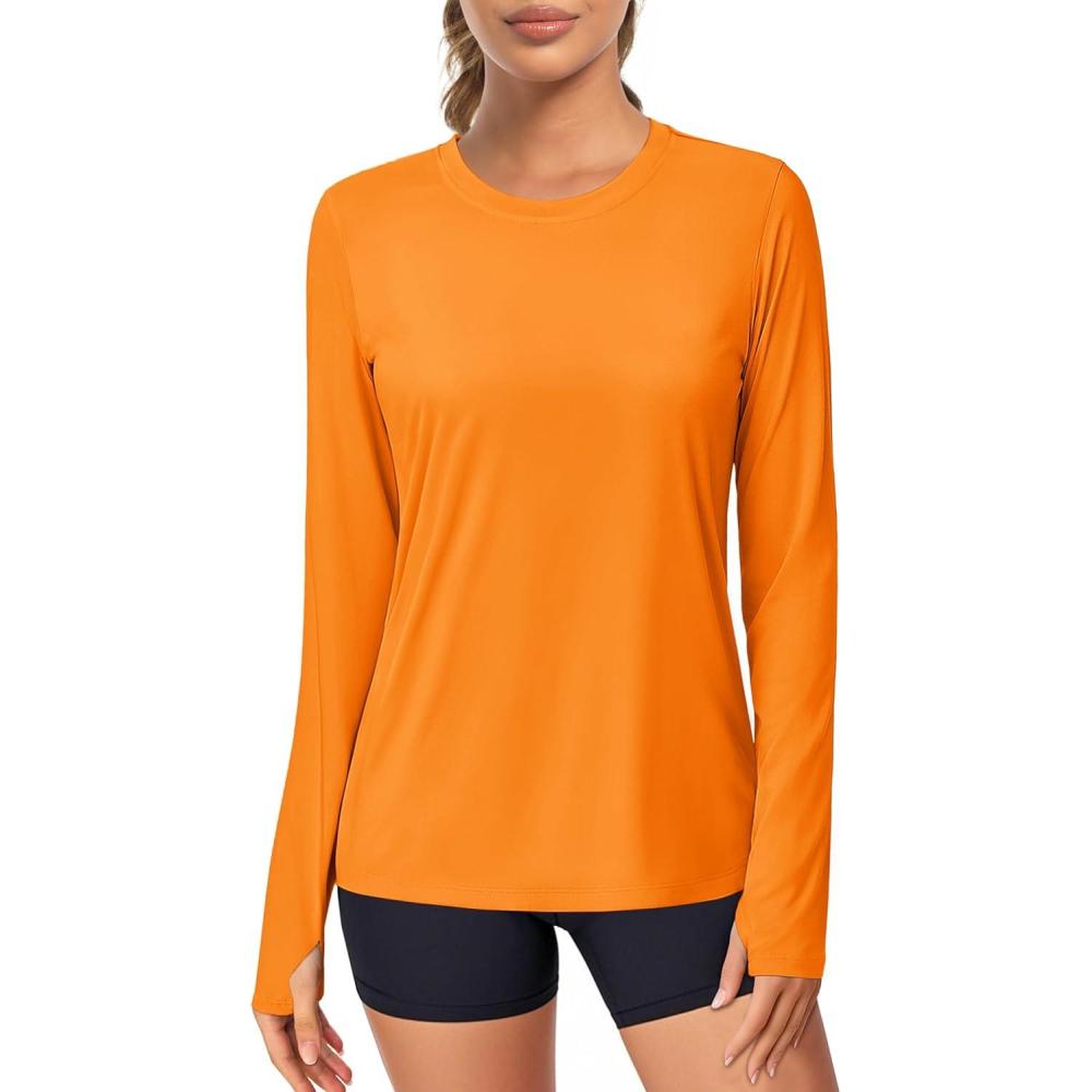 imageMAGCOMSEN Womens Long Sleeve Shirts UPF 80 Quick Dry Athletic Workout Tee Shirts with Thumb Holes Rash Guard Swim TopsNeon Orange