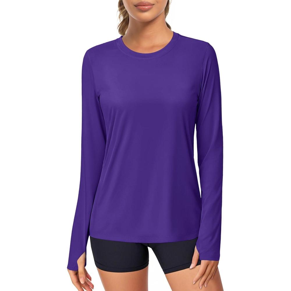 imageMAGCOMSEN Womens Long Sleeve Shirts UPF 80 Quick Dry Athletic Workout Tee Shirts with Thumb Holes Rash Guard Swim TopsPurple