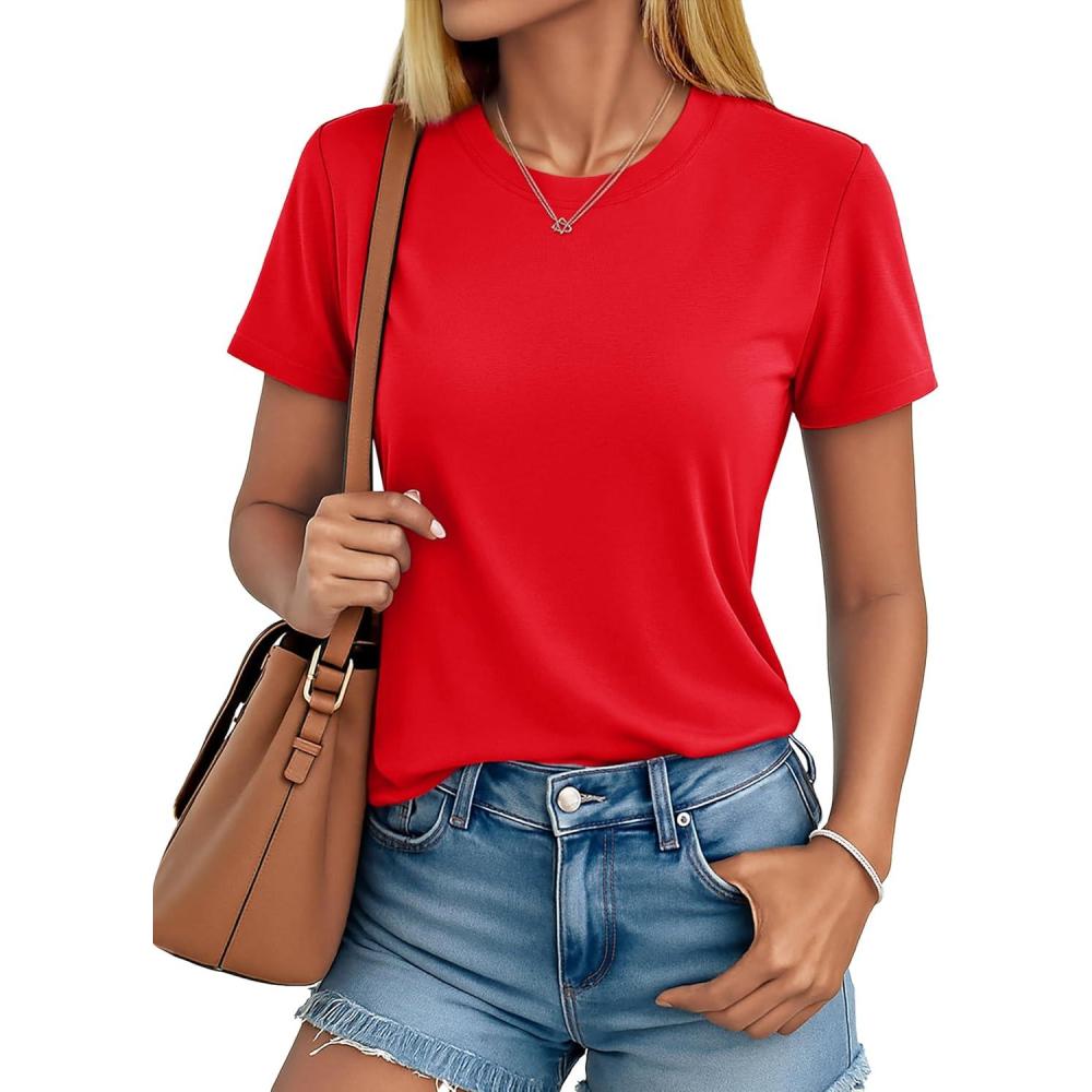 imageMAGCOMSEN Womens Short Sleeve T Shirts Cotton Summer UPF 50 Crew Neck Casual Tops Trendy Solid Color Basic TeesTomato Red