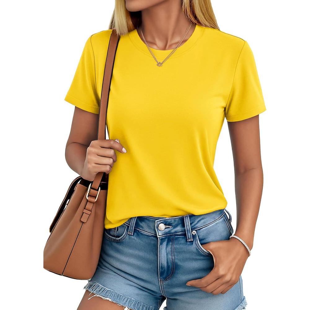 imageMAGCOMSEN Womens Short Sleeve T Shirts Cotton Summer UPF 50 Crew Neck Casual Tops Trendy Solid Color Basic TeesYellow