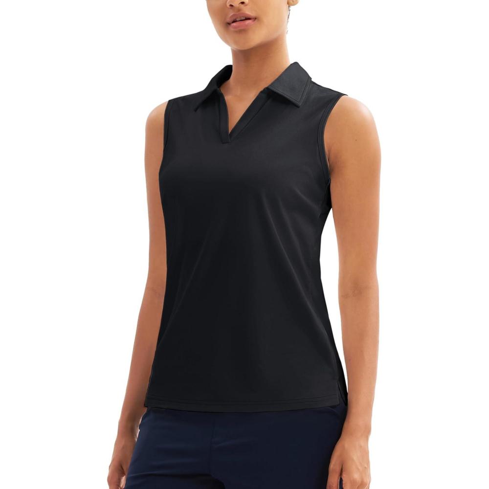 imageMAGCOMSEN Womens Sleeveless Golf Polo Shirts Collared Tank Tops UPF 50 VNeck Quick Dry Workout Athletic Tennis TopsBlack