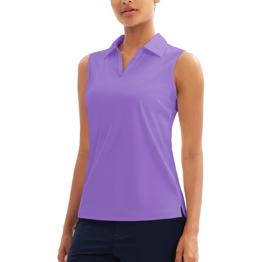 imageMAGCOMSEN Womens Sleeveless Golf Polo Shirts Collared Tank Tops UPF 50 VNeck Quick Dry Workout Athletic Tennis TopsLight Purple