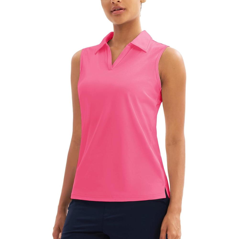 imageMAGCOMSEN Womens Sleeveless Golf Polo Shirts Collared Tank Tops UPF 50 VNeck Quick Dry Workout Athletic Tennis TopsRose Red