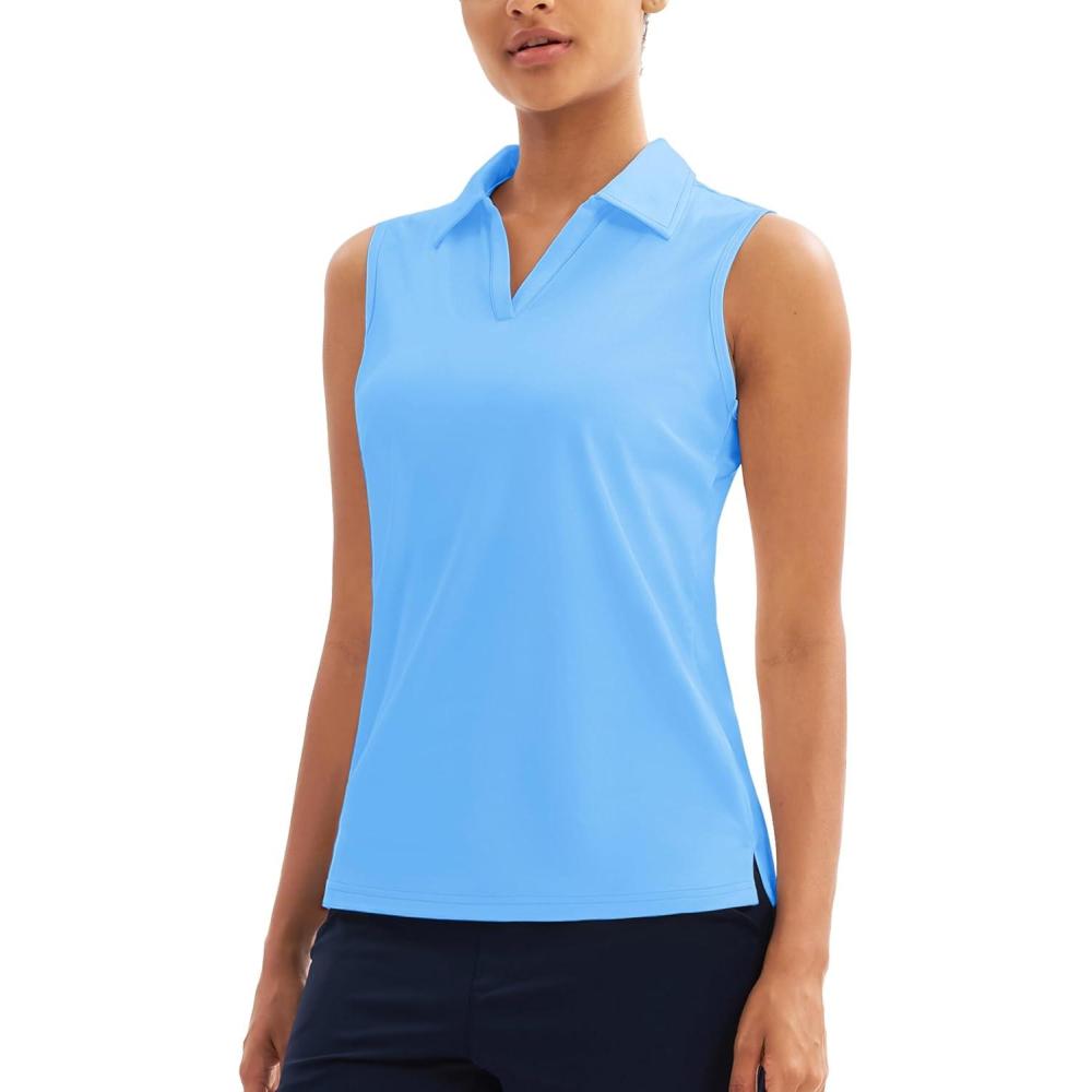 imageMAGCOMSEN Womens Sleeveless Golf Polo Shirts Collared Tank Tops UPF 50 VNeck Quick Dry Workout Athletic Tennis TopsWaterfall Blue