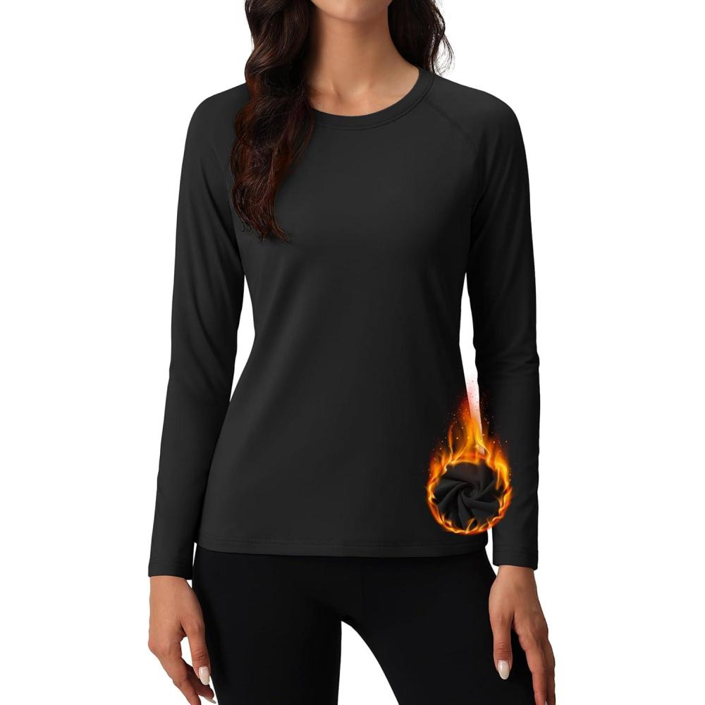 imageMAGCOMSEN Womens Thermal Shirts Fleece Pullover Long Sleeve Undershirt Tops Warm Workout Winter Base LayerBlack