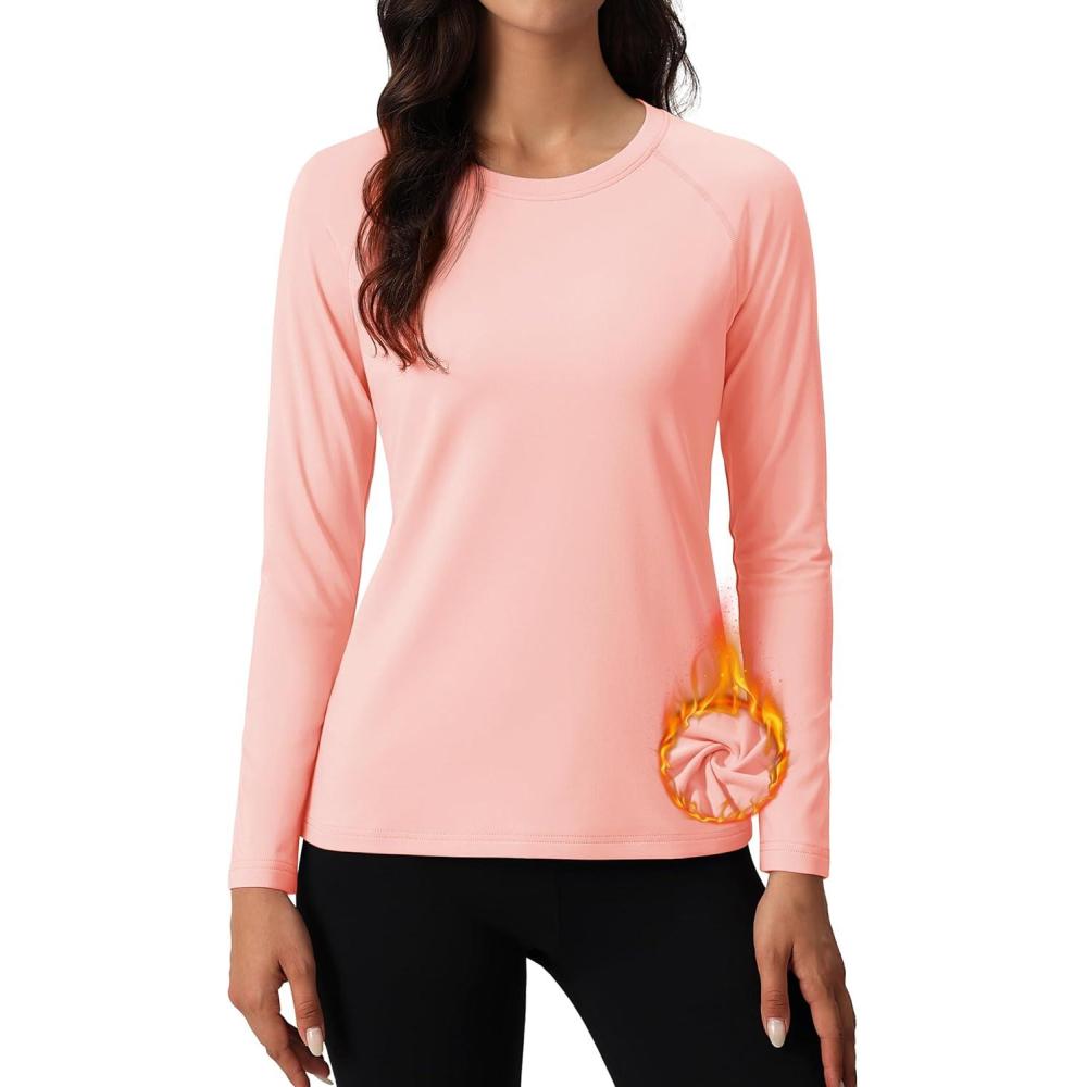imageMAGCOMSEN Womens Thermal Shirts Fleece Pullover Long Sleeve Undershirt Tops Warm Workout Winter Base LayerLight Pink