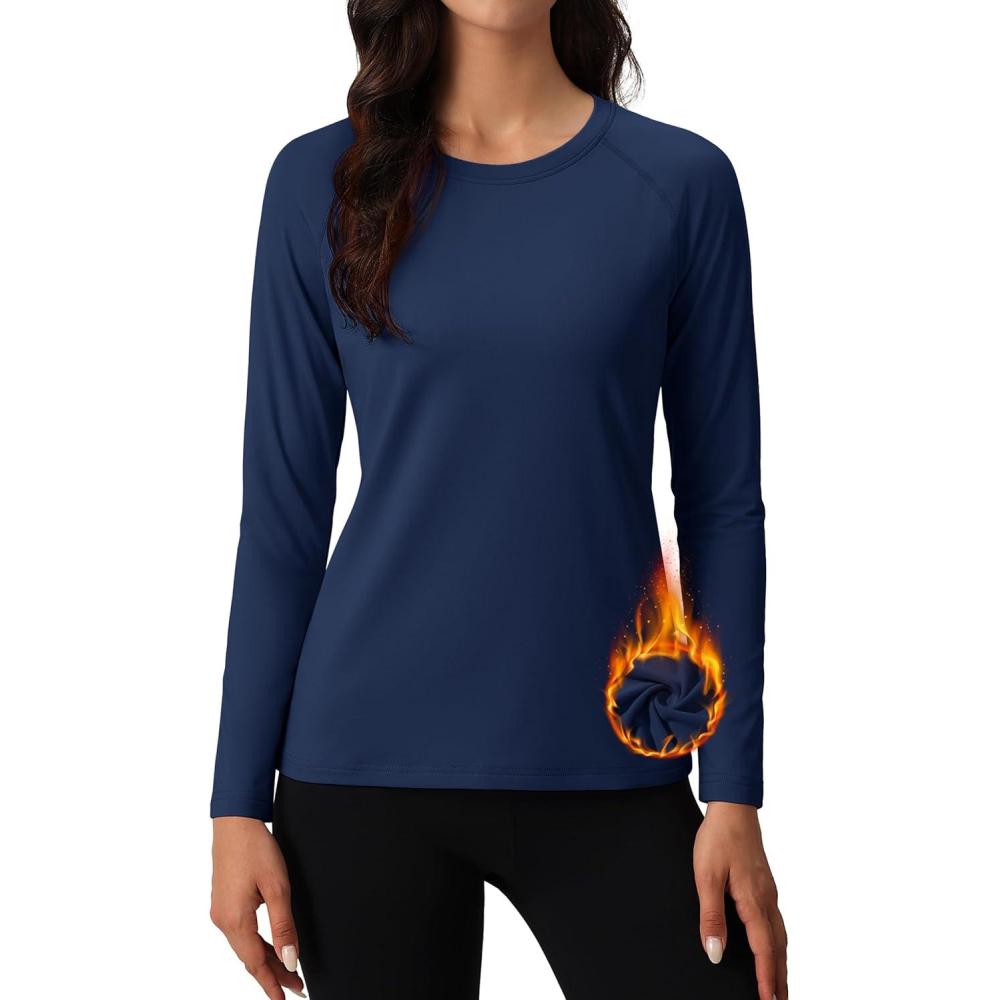 imageMAGCOMSEN Womens Thermal Shirts Fleece Pullover Long Sleeve Undershirt Tops Warm Workout Winter Base LayerNavy Blue