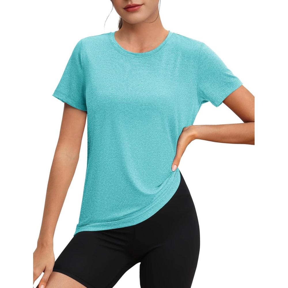 imageMAGCOMSEN Womens Tops Short Sleeve Workout Shirts UPF 50 Quick Dry Athletic Running Swim Rash GuardLight Green
