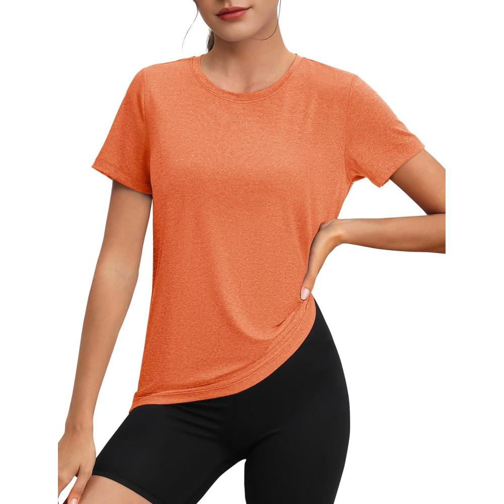 imageMAGCOMSEN Womens Tops Short Sleeve Workout Shirts UPF 50 Quick Dry Athletic Running Swim Rash GuardOrange