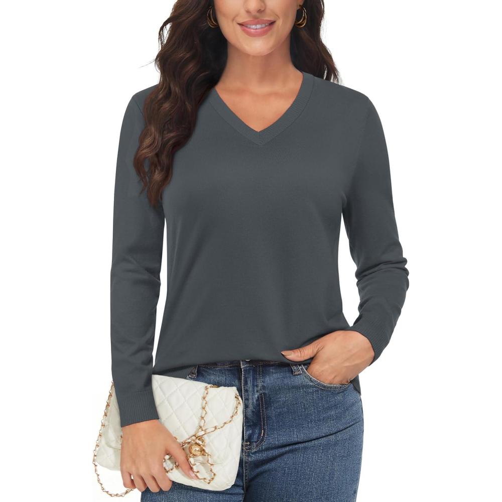 imageMAGCOMSEN Womens V Neck Sweater 2025 Spring Casual Long Sleeve Tops Knit Lightweight Pullover Sweaters JumperDark Grey