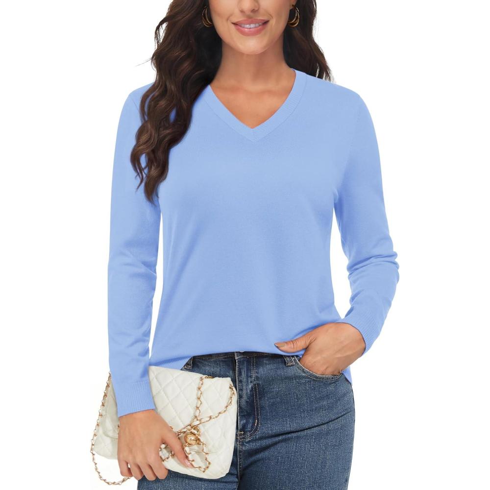 imageMAGCOMSEN Womens V Neck Sweater 2025 Spring Casual Long Sleeve Tops Knit Lightweight Pullover Sweaters JumperPale Blue