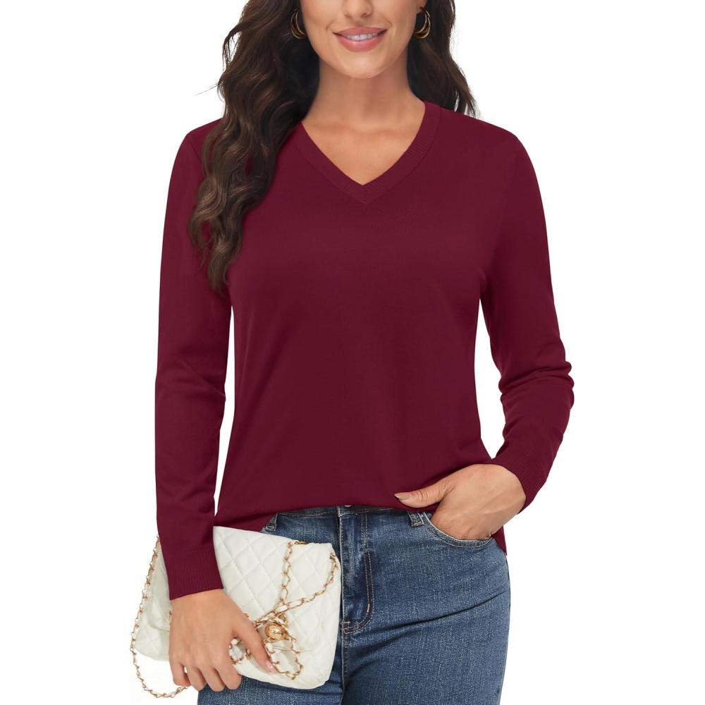 imageMAGCOMSEN Womens V Neck Sweater 2025 Spring Casual Long Sleeve Tops Knit Lightweight Pullover Sweaters JumperWine Red