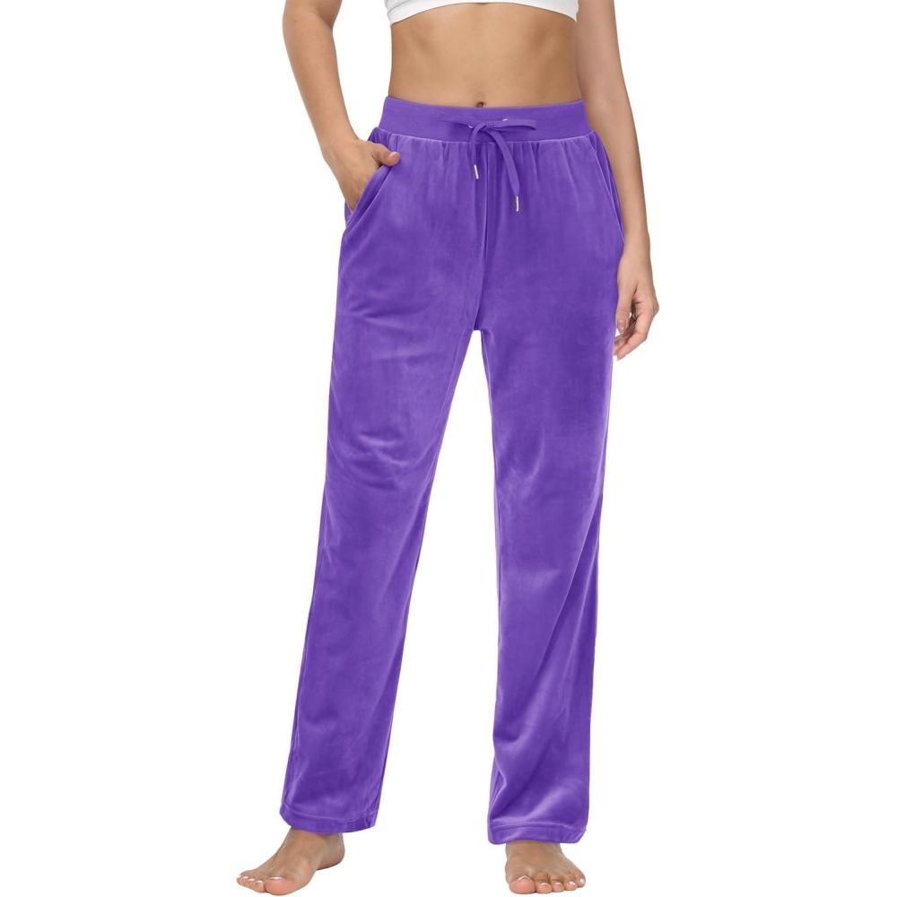 imageMAGCOMSEN Womens Velour Pants Soft Velvet Straight Leg Sweatpants Elastic Waist Warm Lounge Pant with PocketsLight Purple
