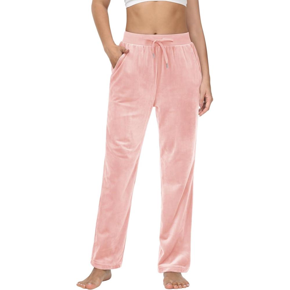imageMAGCOMSEN Womens Velour Pants Soft Velvet Straight Leg Sweatpants Elastic Waist Warm Lounge Pant with PocketsPink