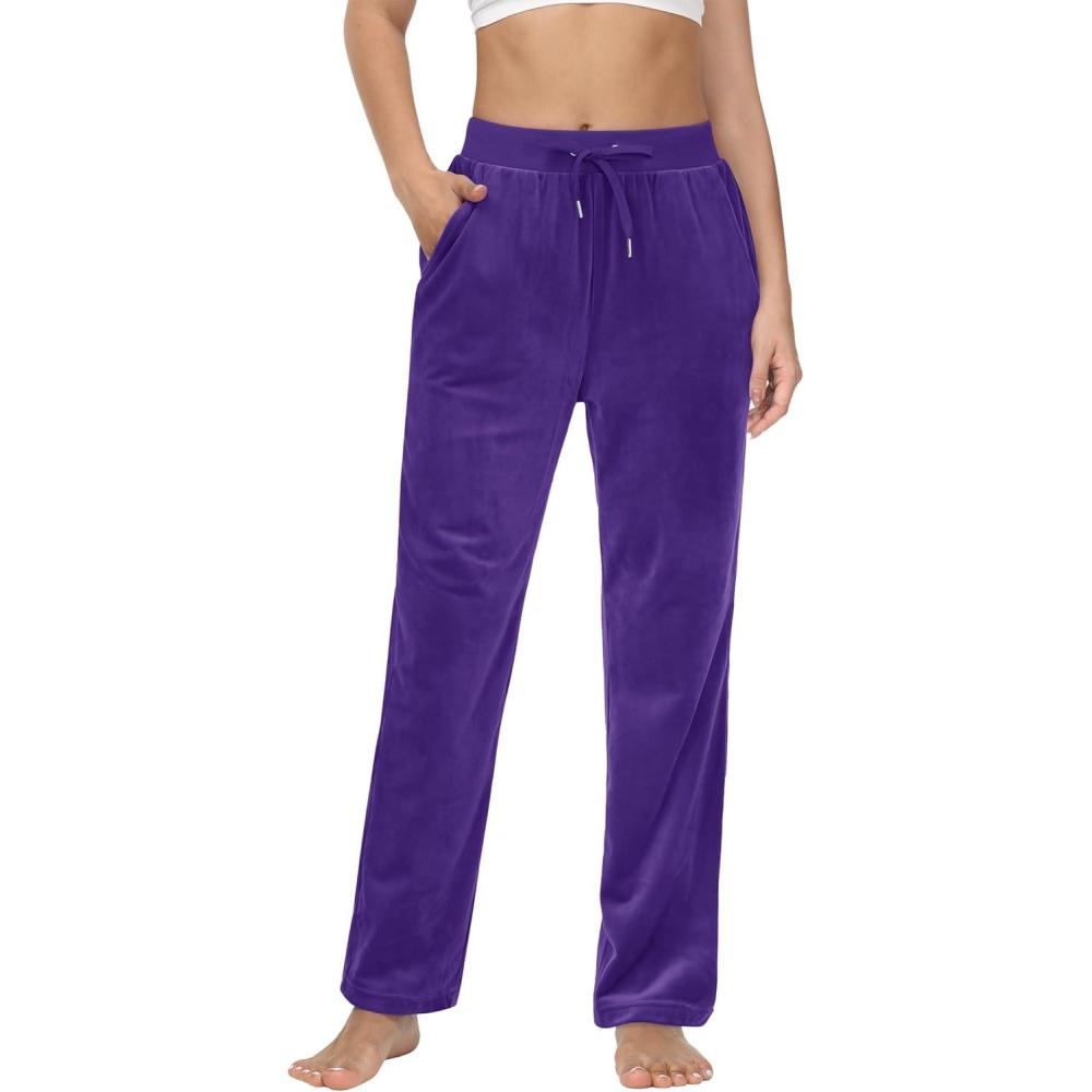 imageMAGCOMSEN Womens Velour Pants Soft Velvet Straight Leg Sweatpants Elastic Waist Warm Lounge Pant with PocketsPurple