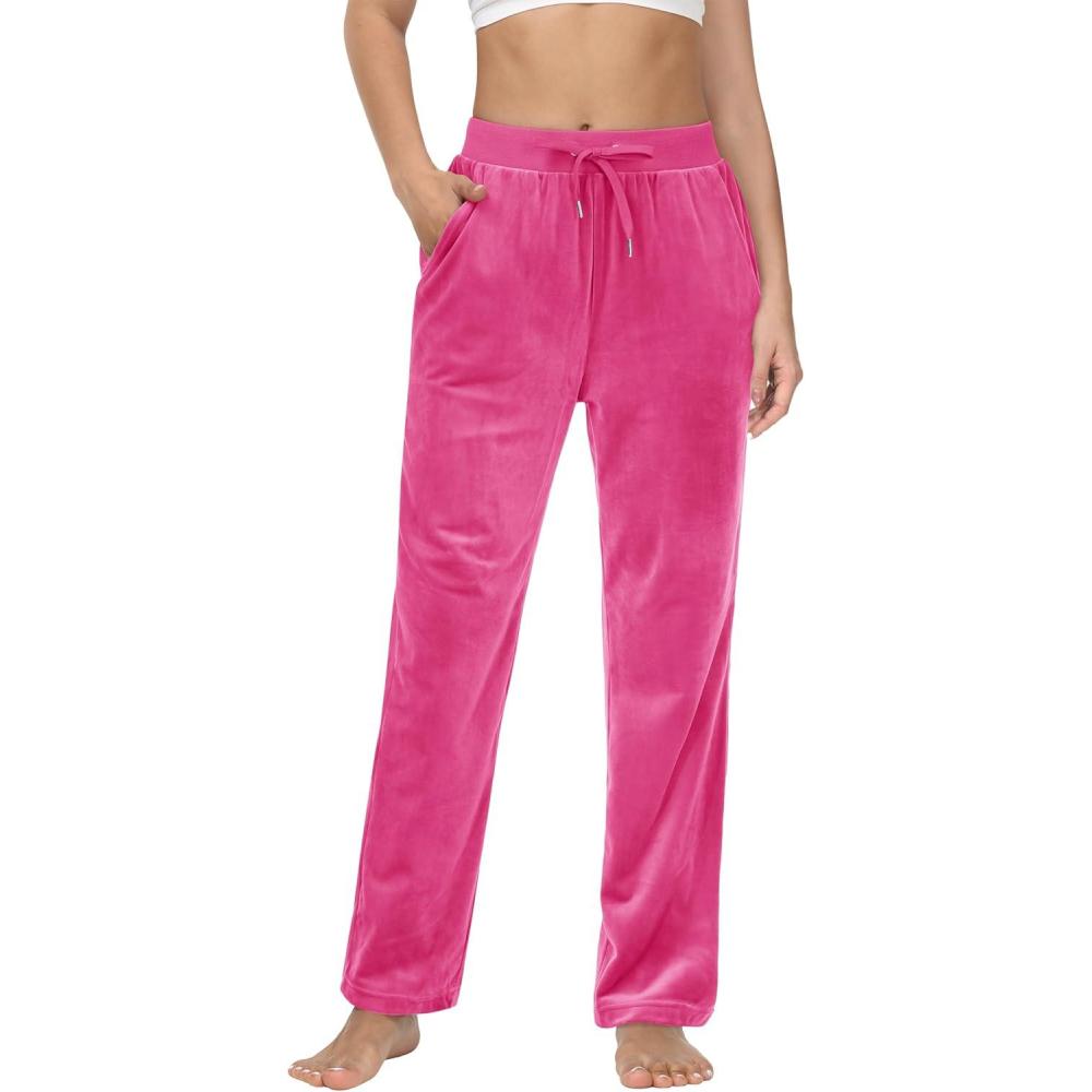 imageMAGCOMSEN Womens Velour Pants Soft Velvet Straight Leg Sweatpants Elastic Waist Warm Lounge Pant with PocketsRose