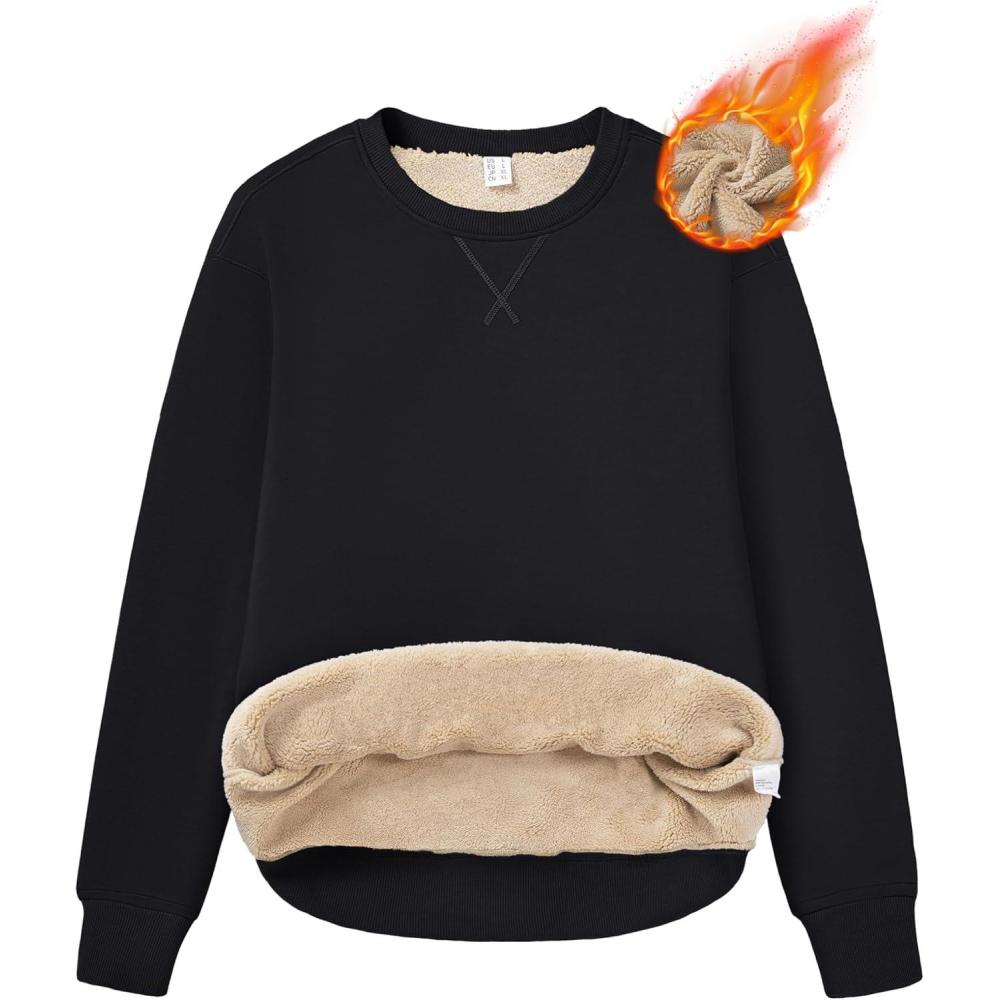 imageMAGCOMSEN Womens Winter Sweatshirts Sherpa Lined Crewneck Fleece Pullover Warm Casual Heavyweight Long Sleeve TopsBlack