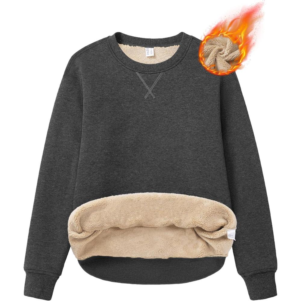 imageMAGCOMSEN Womens Winter Sweatshirts Sherpa Lined Crewneck Fleece Pullover Warm Casual Heavyweight Long Sleeve TopsDark Grey