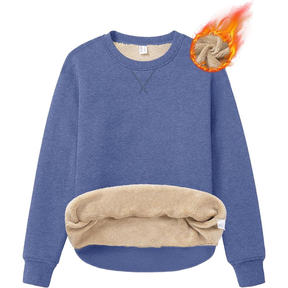 imageMAGCOMSEN Womens Winter Sweatshirts Sherpa Lined Crewneck Fleece Pullover Warm Casual Heavyweight Long Sleeve TopsGrey Blue