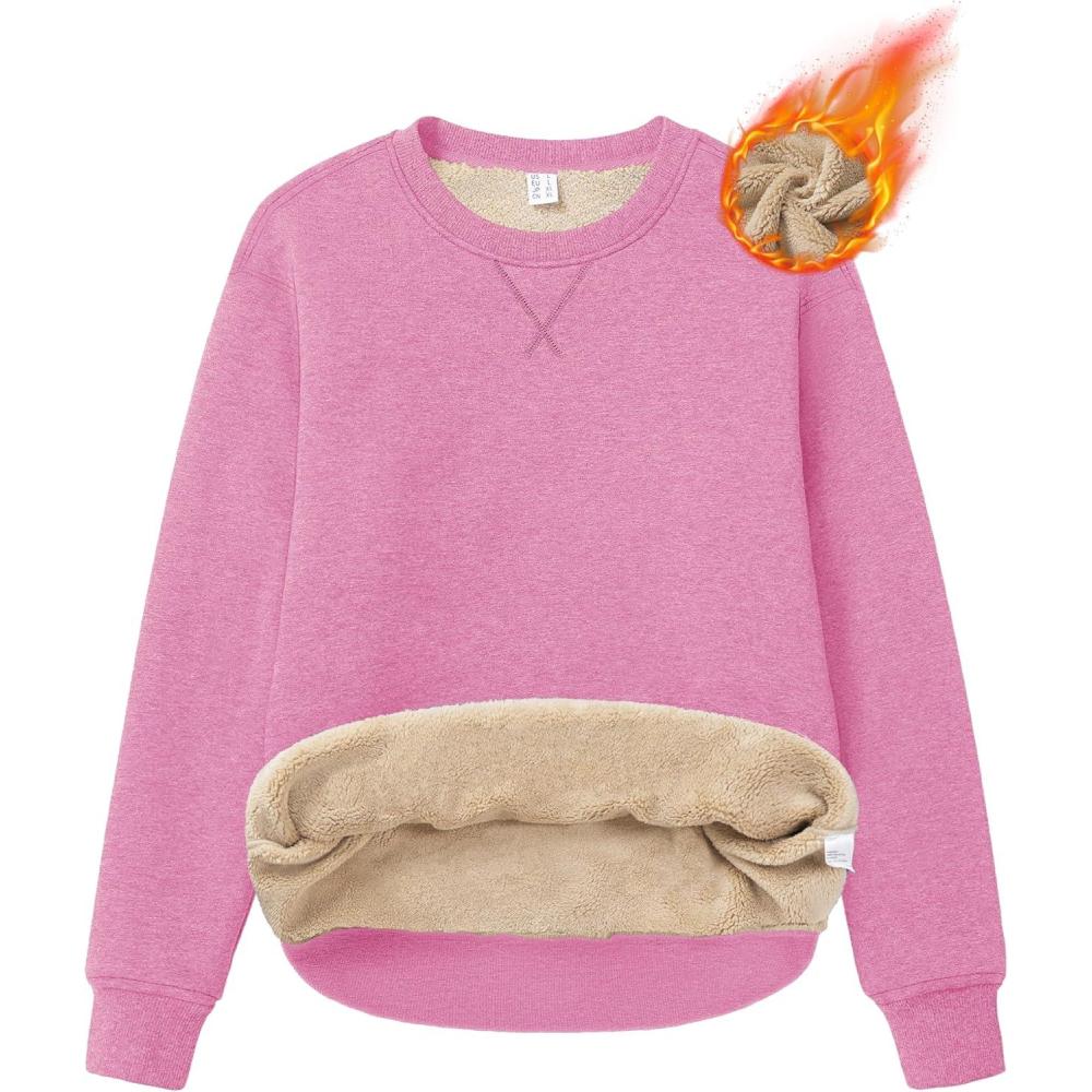 imageMAGCOMSEN Womens Winter Sweatshirts Sherpa Lined Crewneck Fleece Pullover Warm Casual Heavyweight Long Sleeve TopsPink Grey