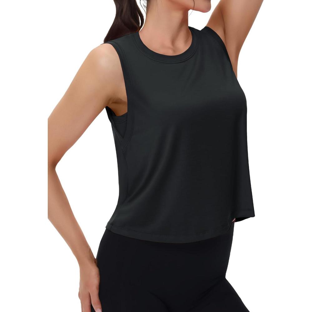 imageMAGCOMSEN Womens Workout Tank Tops Crop Sleeveless Athletic Moisture Wicking Loose Fit Summer ShirtBlack
