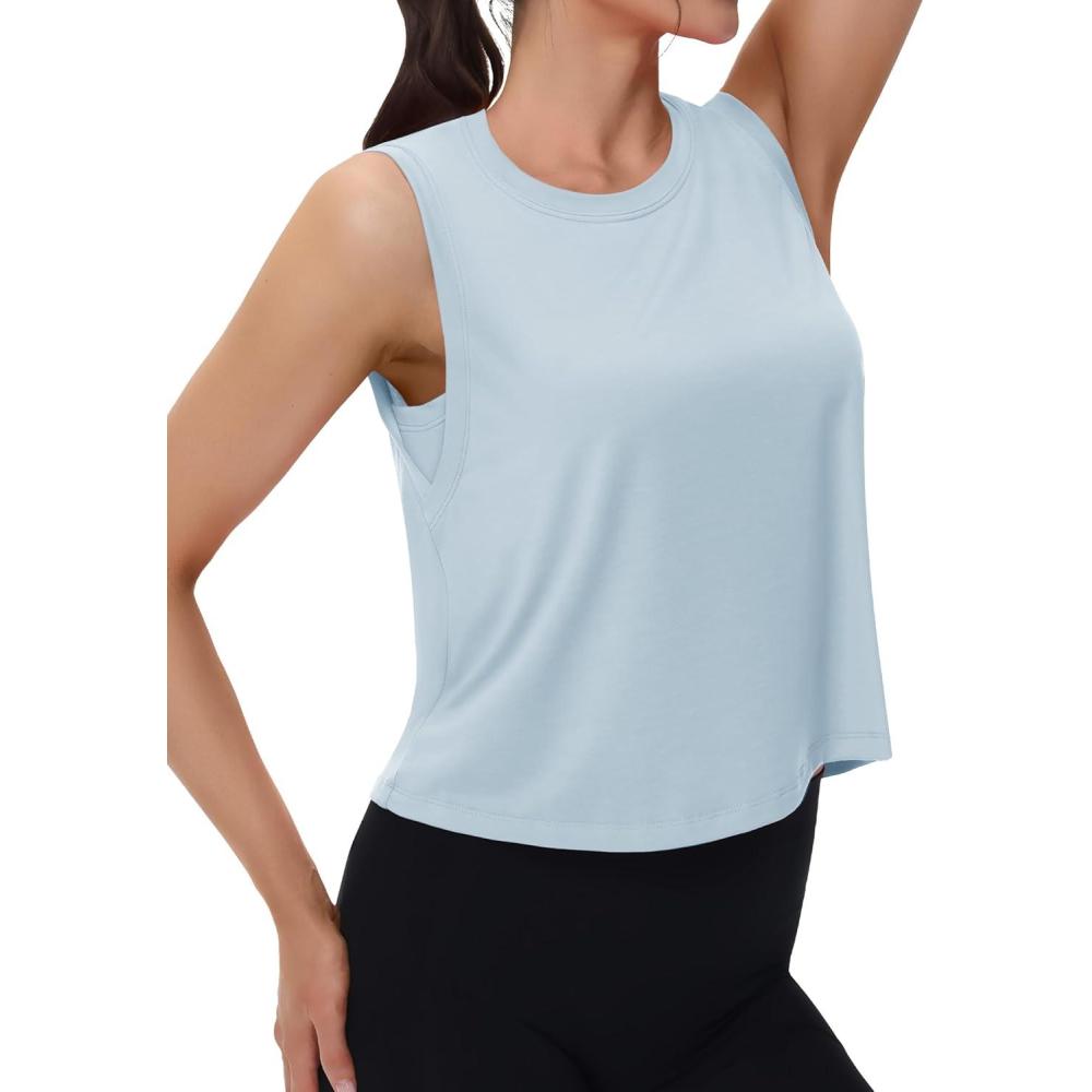 imageMAGCOMSEN Womens Workout Tank Tops Crop Sleeveless Athletic Moisture Wicking Loose Fit Summer ShirtLsblue