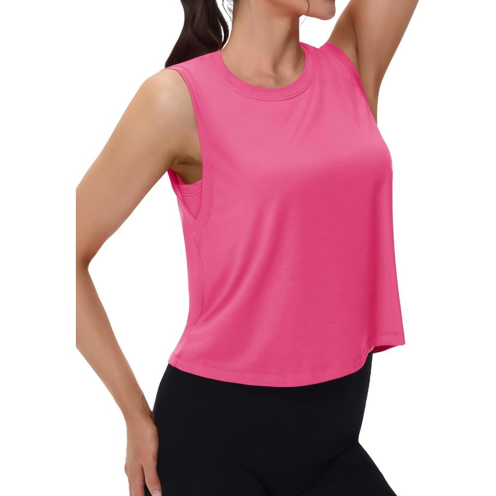 imageMAGCOMSEN Womens Workout Tank Tops Crop Sleeveless Athletic Moisture Wicking Loose Fit Summer ShirtRosered