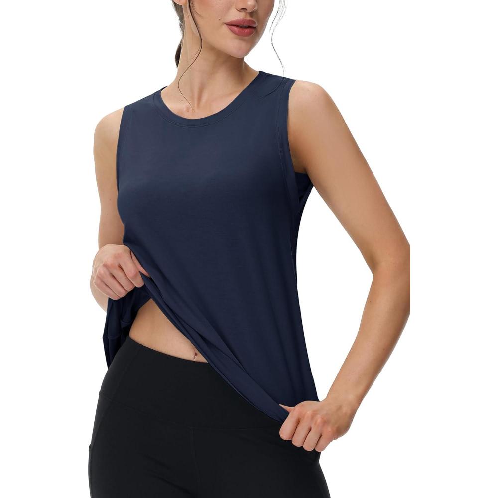 imageMAGCOMSEN Workout Tank Tops for Women Loose Fit Sleeveless Tops Quick Dry Lightweight Athletic Gym Yoga Exercise ShirtsNavyblue