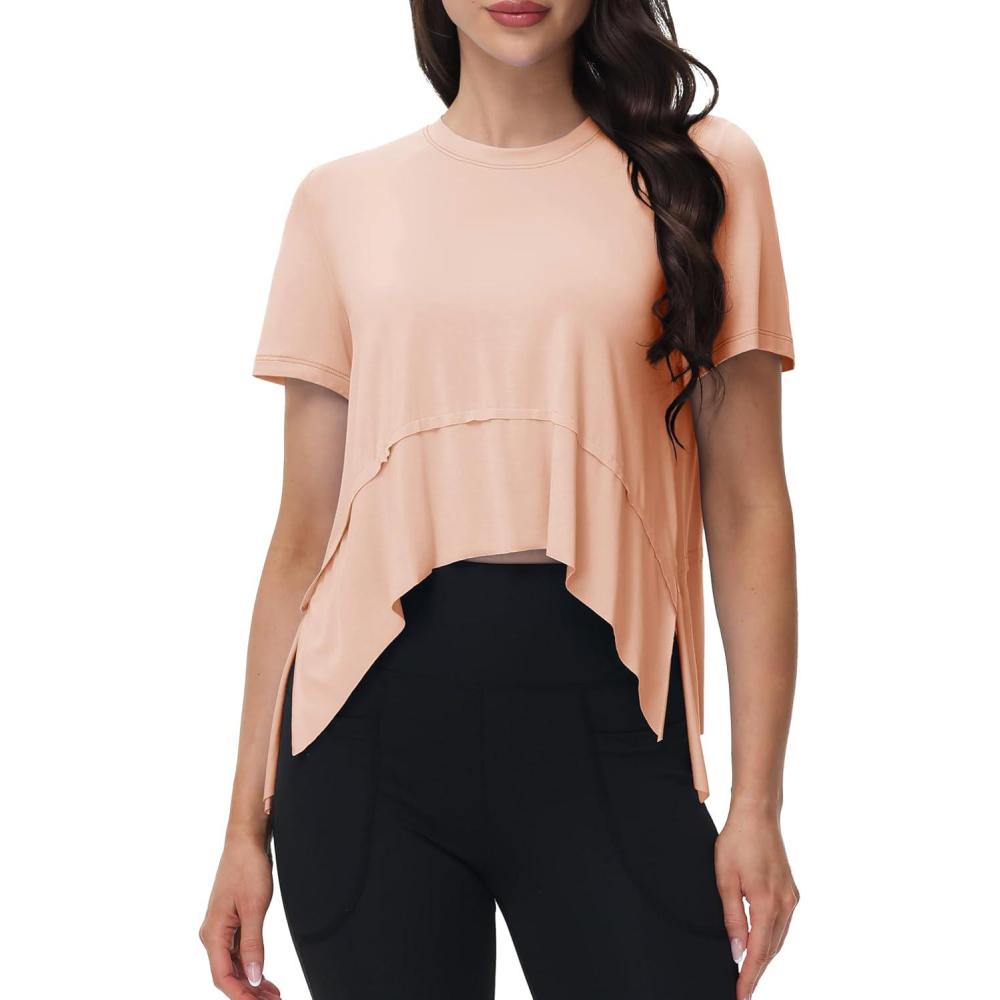 imageMAGCOMSEN Workout Top for Women Short Sleeve Athletic Yoga Crop Shirts Flowy Side Slit Loose Fit Tee Gym YogaApricot