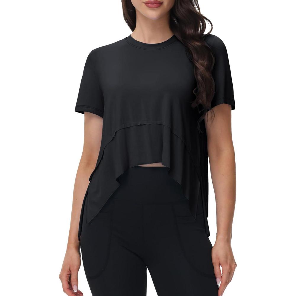 imageMAGCOMSEN Workout Top for Women Short Sleeve Athletic Yoga Crop Shirts Flowy Side Slit Loose Fit Tee Gym YogaBlack