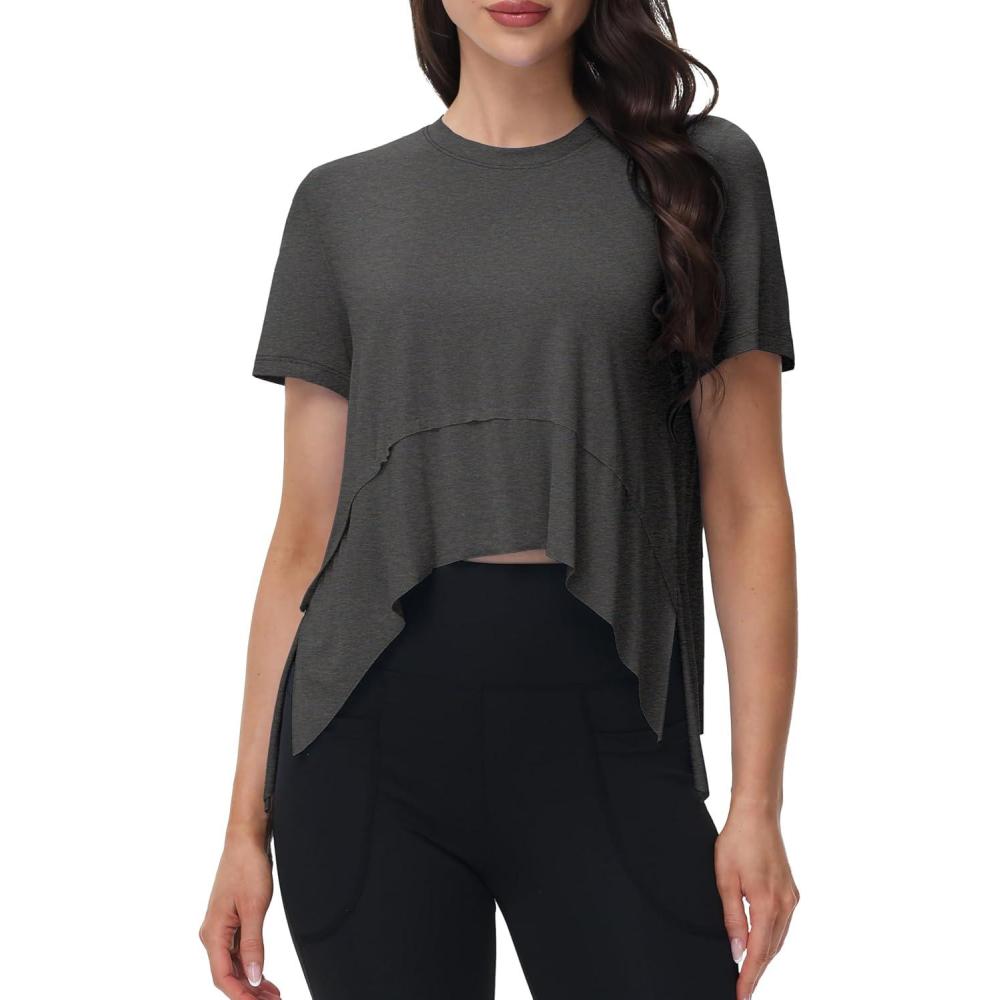imageMAGCOMSEN Workout Top for Women Short Sleeve Athletic Yoga Crop Shirts Flowy Side Slit Loose Fit Tee Gym YogaGrey