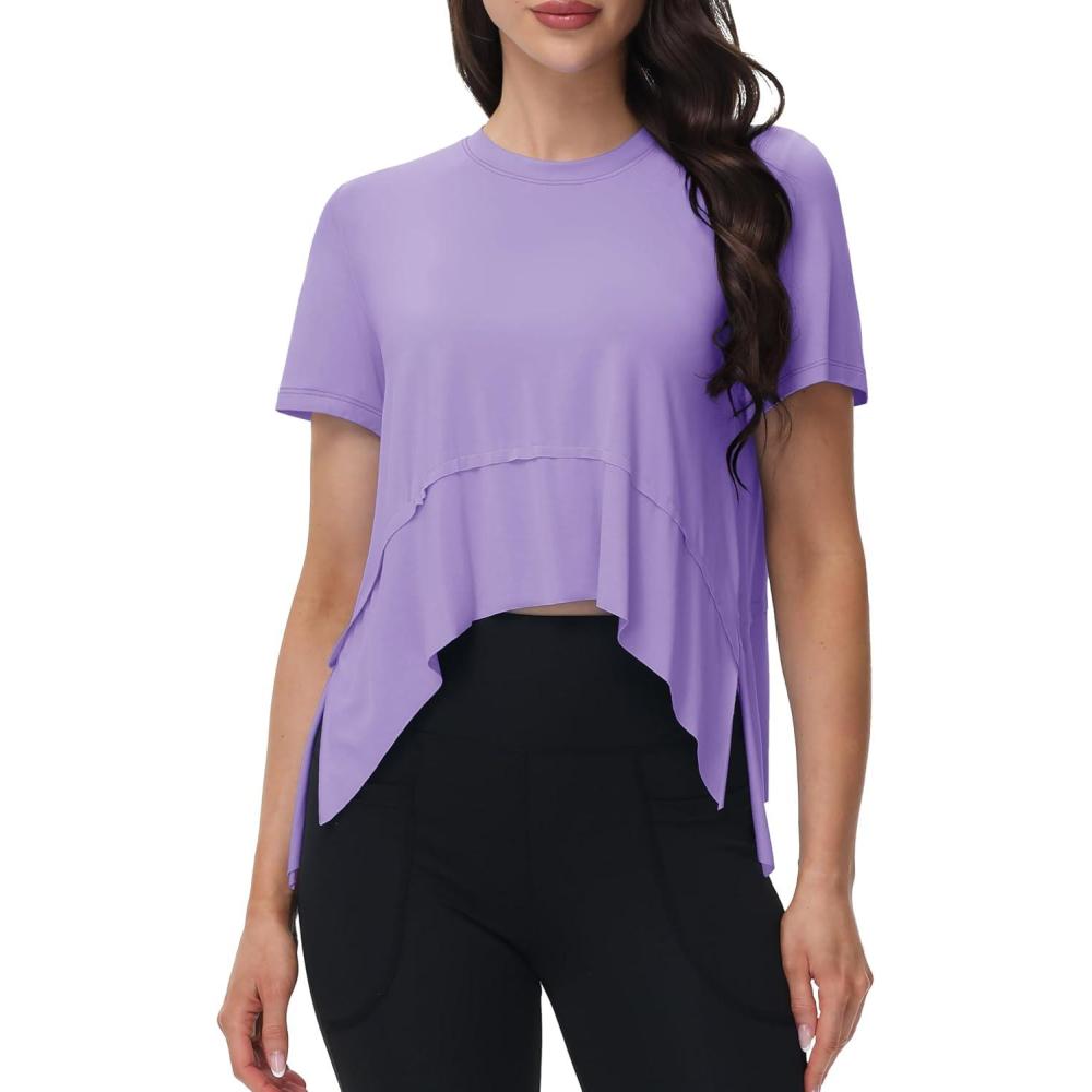 imageMAGCOMSEN Workout Top for Women Short Sleeve Athletic Yoga Crop Shirts Flowy Side Slit Loose Fit Tee Gym YogaTaro Purple