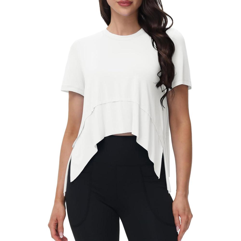 imageMAGCOMSEN Workout Top for Women Short Sleeve Athletic Yoga Crop Shirts Flowy Side Slit Loose Fit Tee Gym YogaWhite