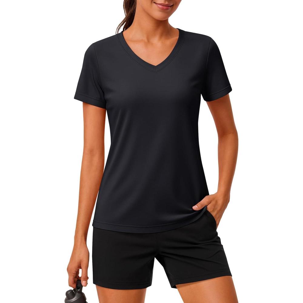 imageMAGCOMSEN Workout Tops for Women UPF 80 VNeck Short Sleeve Tee Shirt Quick Dry T Shirts Gym Athletic Yoga TopBlack