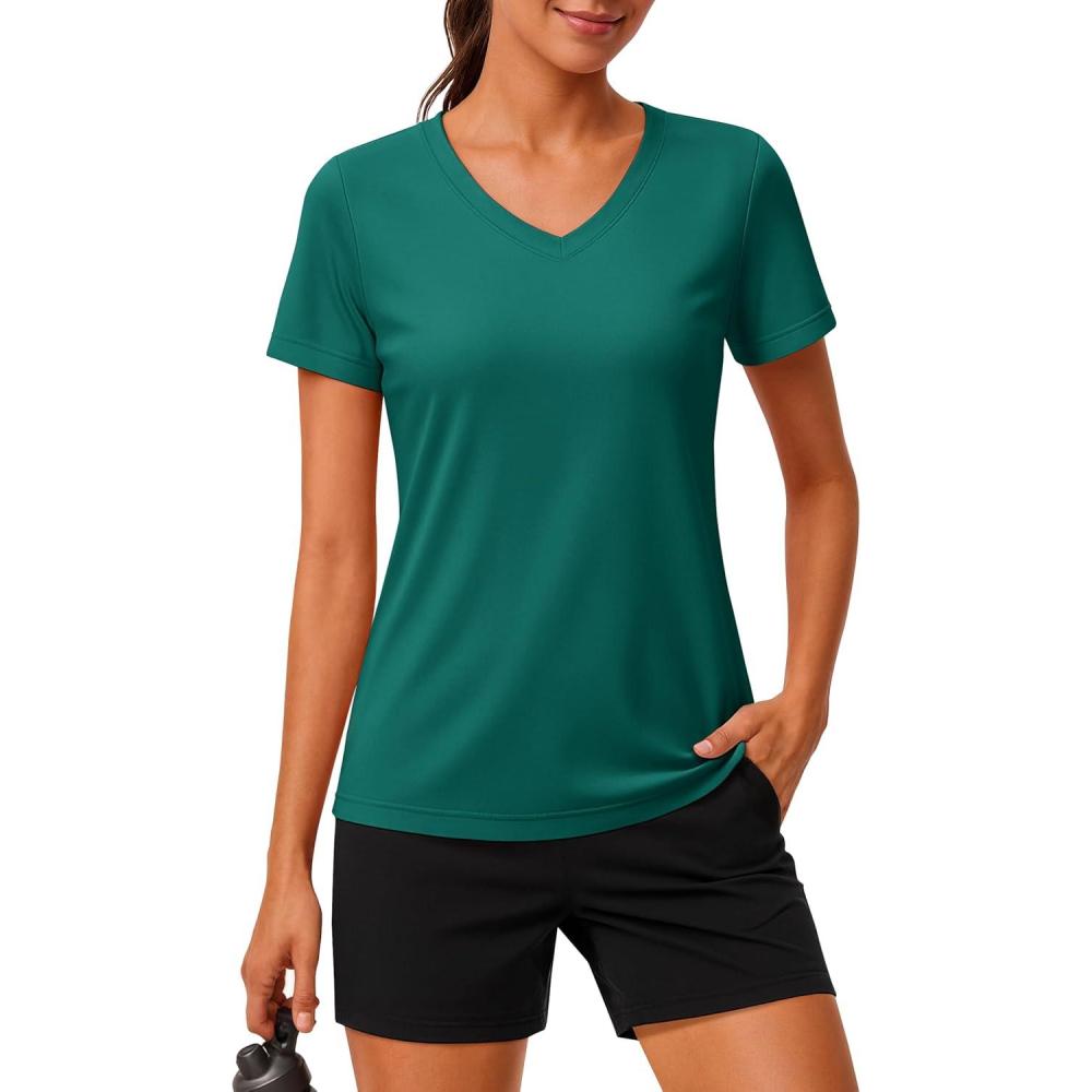 imageMAGCOMSEN Workout Tops for Women UPF 80 VNeck Short Sleeve Tee Shirt Quick Dry T Shirts Gym Athletic Yoga TopEgreen