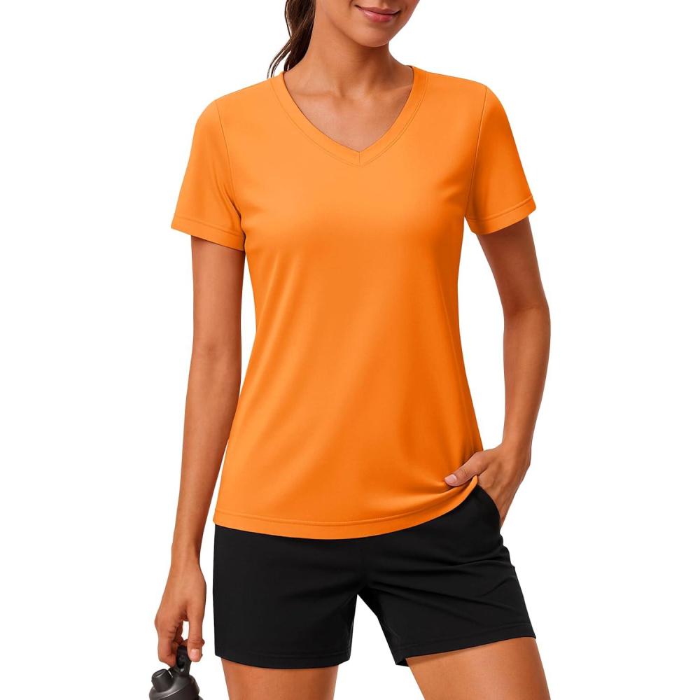 imageMAGCOMSEN Workout Tops for Women UPF 80 VNeck Short Sleeve Tee Shirt Quick Dry T Shirts Gym Athletic Yoga TopFrorange