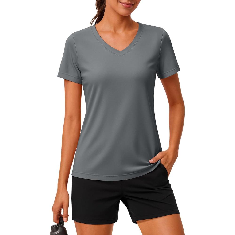 imageMAGCOMSEN Workout Tops for Women UPF 80 VNeck Short Sleeve Tee Shirt Quick Dry T Shirts Gym Athletic Yoga TopGray