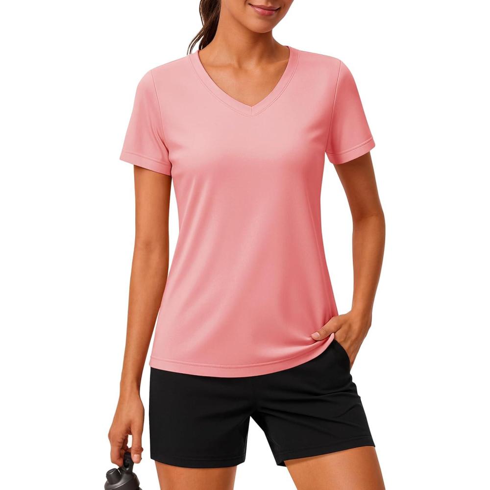 imageMAGCOMSEN Workout Tops for Women UPF 80 VNeck Short Sleeve Tee Shirt Quick Dry T Shirts Gym Athletic Yoga TopPink